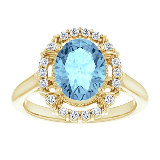 14K Gold Oval Natural Aquamarine & Natural Diamond Halo-Style Ring – 9x7mm - Yellow Gold - view 3