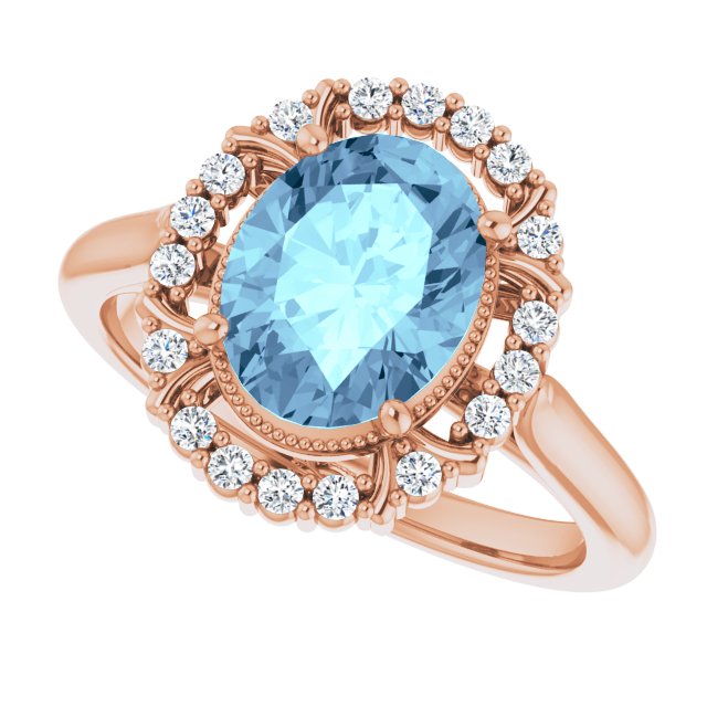 14K Gold Oval Natural Aquamarine & Natural Diamond Halo-Style Ring – 9x7mm - Rose Gold - view 5