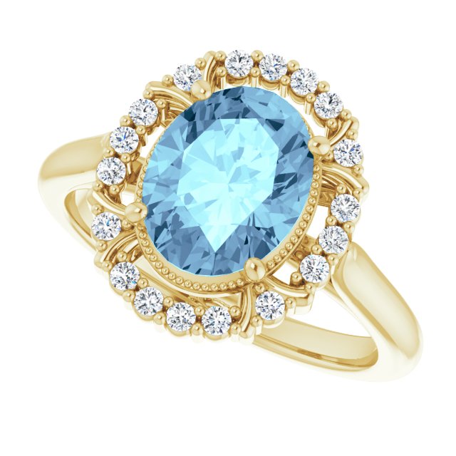 14K Gold Oval Natural Aquamarine & Natural Diamond Halo-Style Ring – 9x7mm - Yellow Gold - view 5