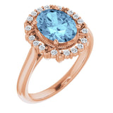 14K Gold Oval Natural Aquamarine & Natural Diamond Halo-Style Ring – 9x7mm - Rose Gold