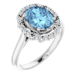 Platinum Oval Natural Aquamarine & Natural Diamond Halo-Style Ring – 9x7mm