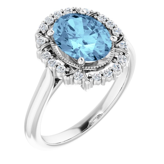 14K Gold Oval Natural Aquamarine & Natural Diamond Halo-Style Ring – 9x7mm - White Gold