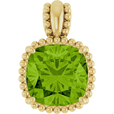 14K Gold Cushion Natural Peridot Beaded Pendant - Yellow Gold