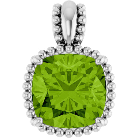 14K Gold Cushion Natural Peridot Beaded Pendant - White Gold