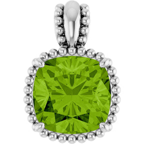 Platinum Cushion Natural Peridot Beaded Pendant