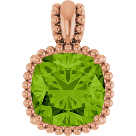 14K Gold Cushion Natural Peridot Beaded Pendant - Rose Gold