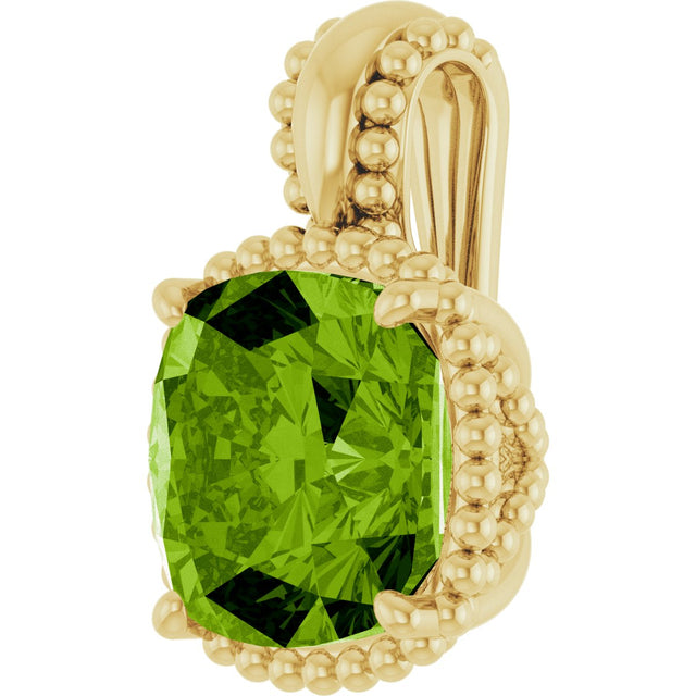 14K Gold Cushion Natural Peridot Beaded Pendant - Yellow Gold - view 2