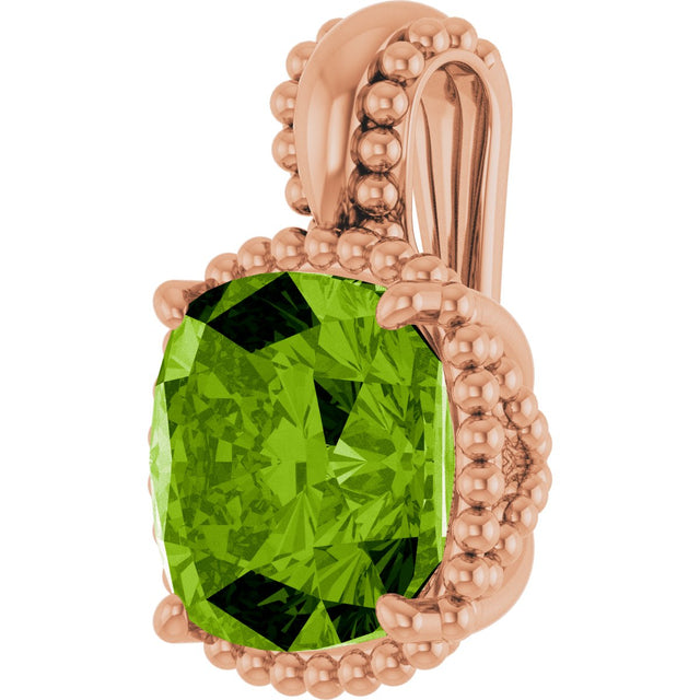 14K Gold Cushion Natural Peridot Beaded Pendant - Rose Gold - view 2