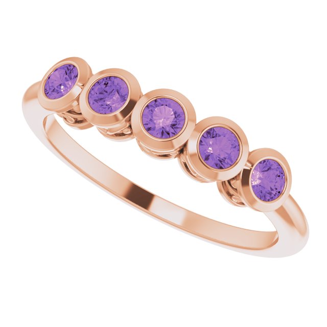 14K Gold Round Natural Amethyst Five-Stone Bezel-Set Ring - Rose Gold - view 10