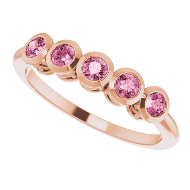 14K Gold Round Natural Pink Tourmaline Five-Stone Bezel-Set Ring - Rose Gold - view 10