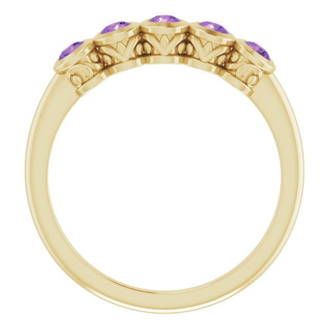 14K Gold Round Natural Amethyst Five-Stone Bezel-Set Ring - Yellow Gold - view 7