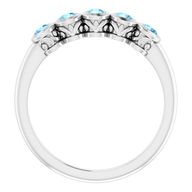 14K Gold Round Natural Aquamarine Five-Stone Bezel-Set Ring - White Gold - view 7