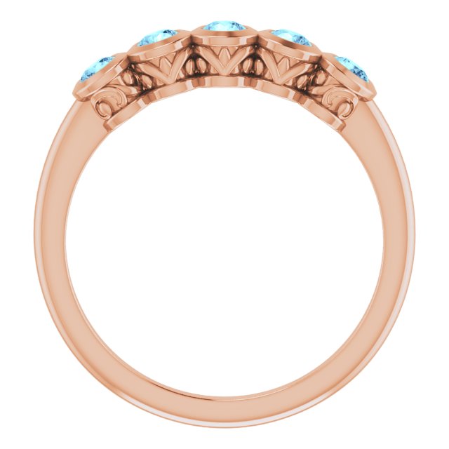 14K Gold Round Natural Aquamarine Five-Stone Bezel-Set Ring - Rose Gold - view 7
