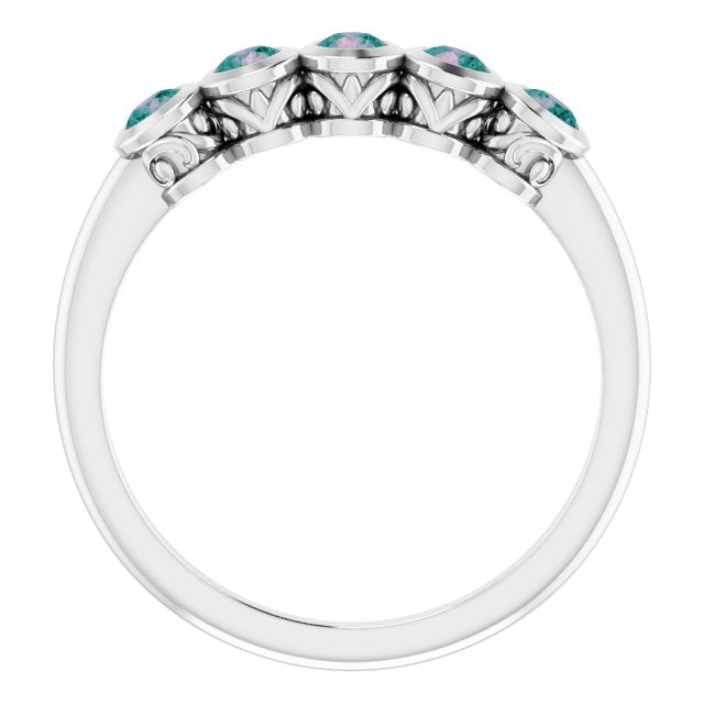 14K Gold Round Natural Alexandrite Five-Stone Bezel-Set Ring - White Gold - view 7