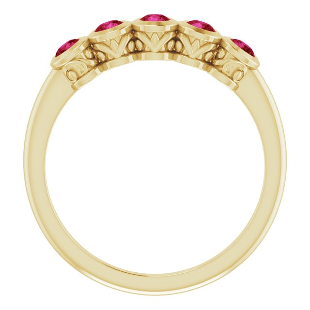 14K Gold Round Lab-Grown Ruby Five-Stone Bezel-Set Ring - Yellow Gold - view 7