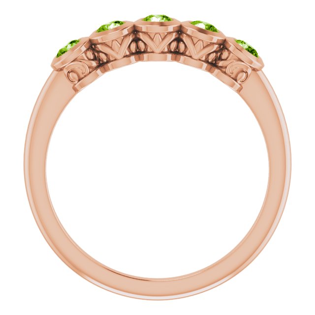 14K Gold Round Natural Peridot Five-Stone Bezel-Set Ring - Rose Gold - view 7