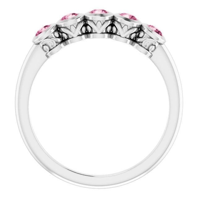 Platinum Round Natural Pink Tourmaline Five-Stone Bezel-Set Ring - view 7
