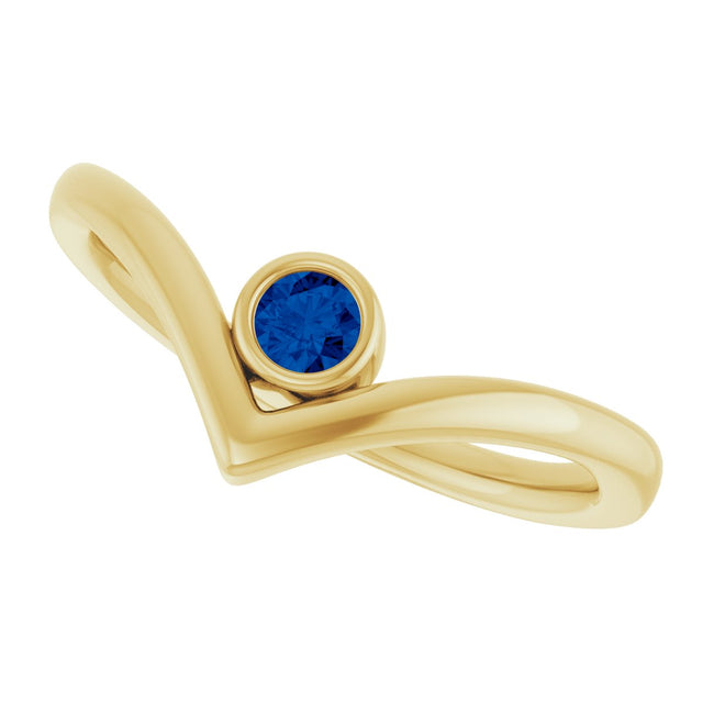 14K Gold Round Natural Blue Sapphire Bezel-Set Solitaire V Ring - Yellow Gold - view 10