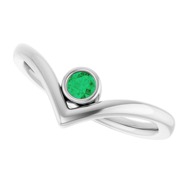 14K Gold Round Natural Emerald Bezel-Set Solitaire V Ring - White Gold - view 10