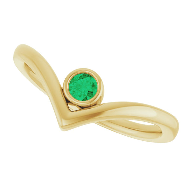 14K Gold Round Natural Emerald Bezel-Set Solitaire V Ring - Yellow Gold - view 10