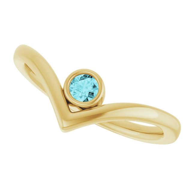 14K Gold Round Natural Blue Zircon Bezel-Set Solitaire V Ring - Yellow Gold - view 10