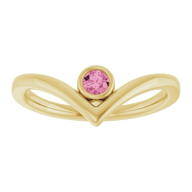 14K Gold Round Natural Pink Tourmaline Bezel-Set Solitaire V Ring - Yellow Gold - view 8