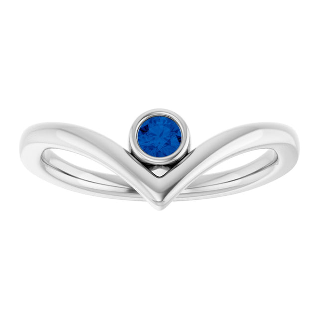 14K Gold Round Natural Blue Sapphire Bezel-Set Solitaire V Ring - White Gold - view 8