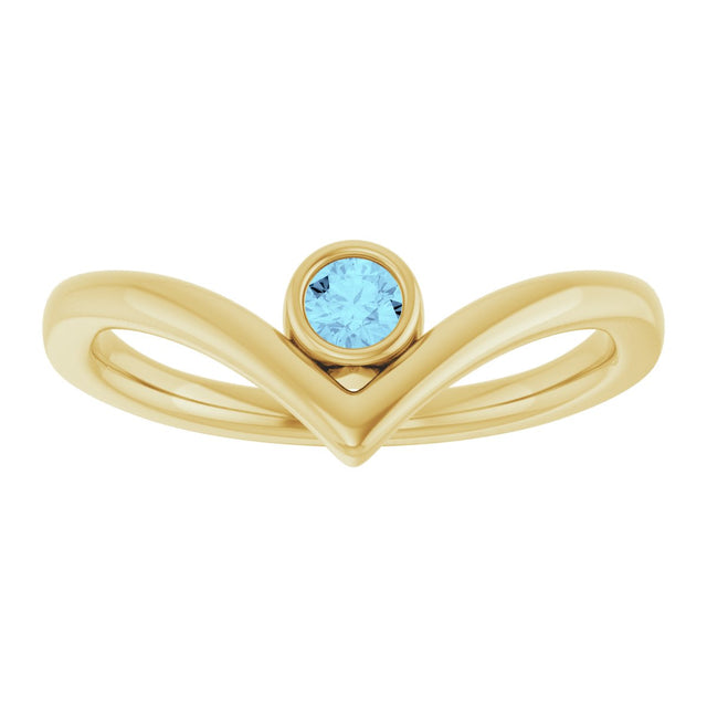 14K Gold Round Natural Aquamarine Bezel-Set Solitaire V Ring - Yellow Gold - view 8