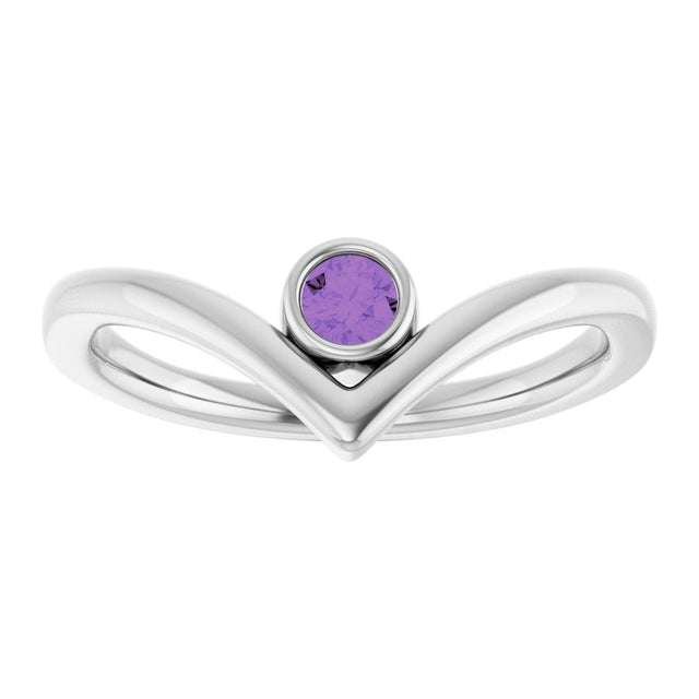 14K Gold Round Natural Amethyst Bezel-Set Solitaire V Ring - White Gold - view 8