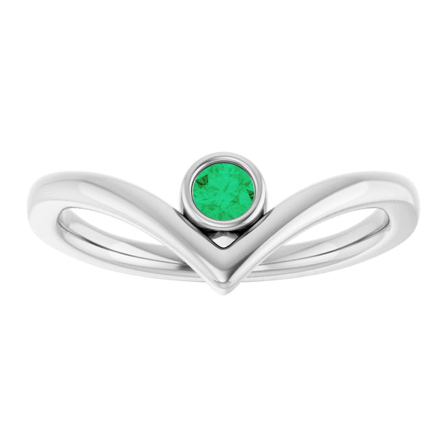 14K Gold Round Lab-Grown Emerald Bezel-Set Solitaire V Ring - White Gold - view 8