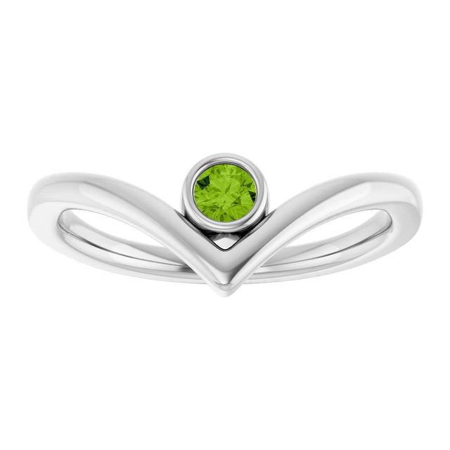 14K Gold Round Natural Peridot Bezel-Set Solitaire V Ring - White Gold - view 8