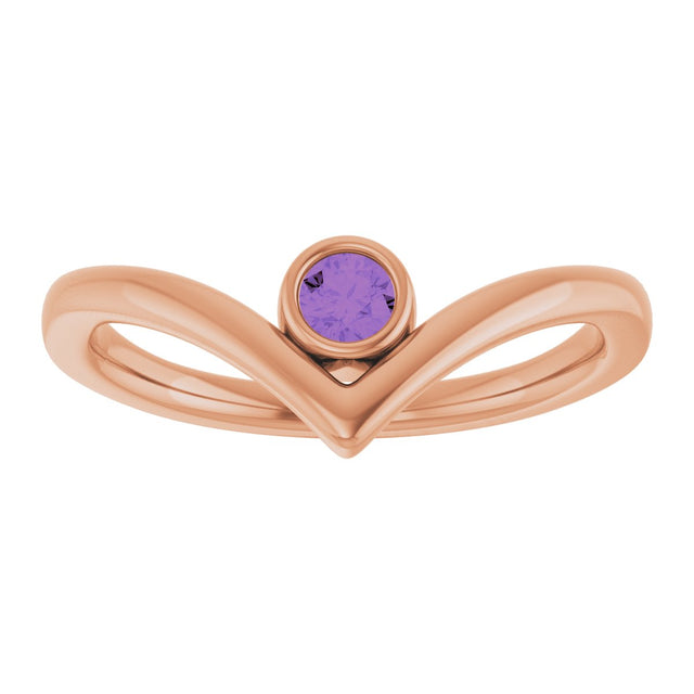 14K Gold Round Natural Amethyst Bezel-Set Solitaire V Ring - Rose Gold - view 8