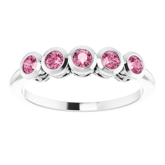 Platinum Round Natural Pink Tourmaline Five-Stone Bezel-Set Ring - view 8