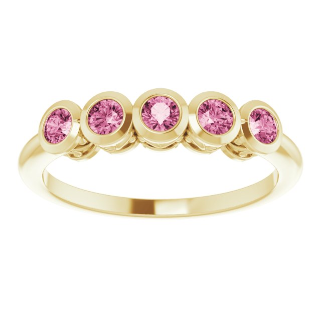 14K Gold Round Natural Pink Tourmaline Five-Stone Bezel-Set Ring - Yellow Gold - view 8