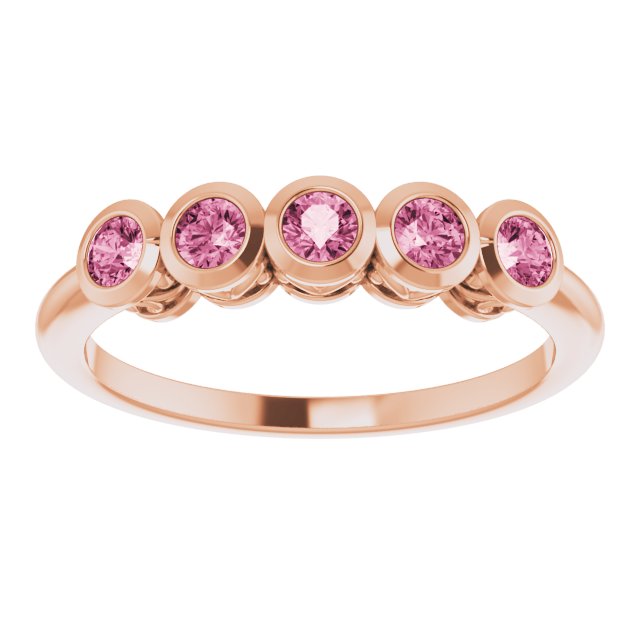 14K Gold Round Natural Pink Tourmaline Five-Stone Bezel-Set Ring - Rose Gold - view 8