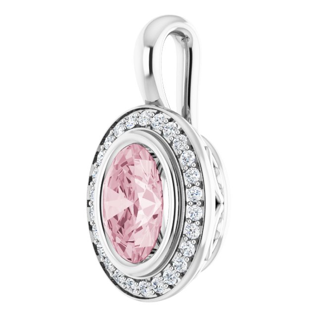 Platinum Oval Natural Pink Morganite & Natural Natural Diamond Halo-Style Pendant - view 2
