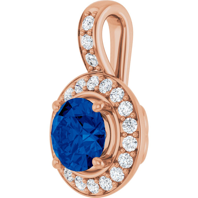 14K Gold Round Natural Blue Sapphire & Natural Diamond Halo-Style Pendant – 1/5 CTW - Rose Gold - view 2