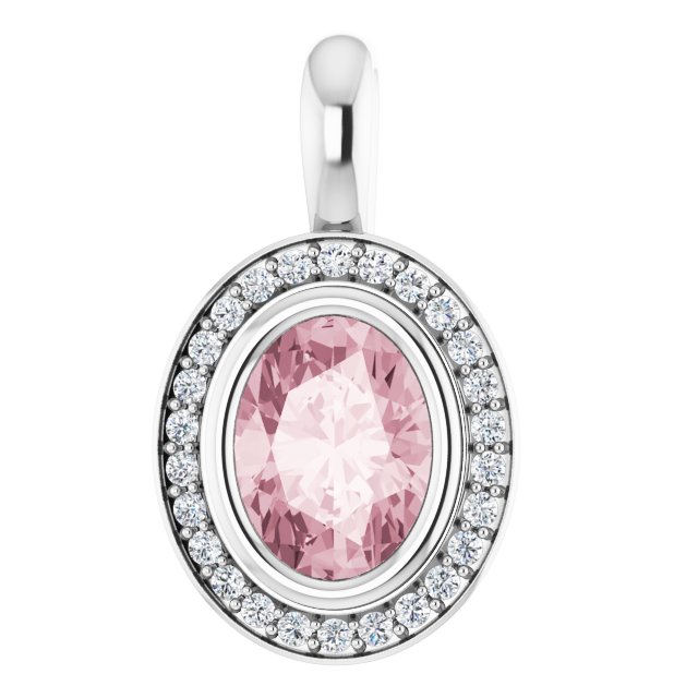 14K Gold Oval Natural Pink Morganite & Natural Diamond Halo-Style Pendant – 1/8 CTW - White Gold