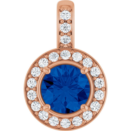 14K Gold Round Natural Blue Sapphire & Natural Diamond Halo-Style Pendant – 1/5 CTW - Rose Gold