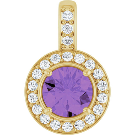 14K Gold Round Natural Amethyst & Natural Diamond Halo-Style Pendant - Yellow Gold