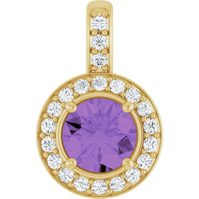 14K Gold Round Natural Amethyst & Natural Diamond Halo-Style Pendant - Yellow Gold