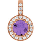 14K Gold Round Natural Amethyst & Natural Diamond Halo-Style Pendant - Rose Gold