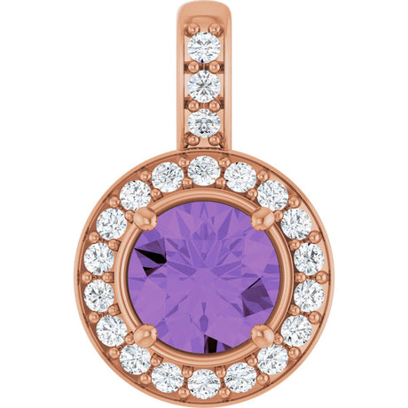 14K Gold Round Natural Amethyst & Natural Diamond Halo-Style Pendant - Rose Gold