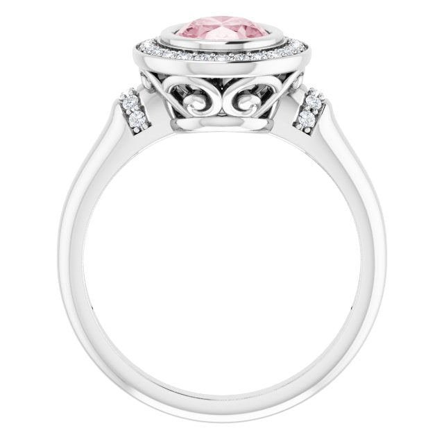 Platinum Oval Natural Morganite & Natural Diamond Halo-Style Ring – 8x6mm - view 2