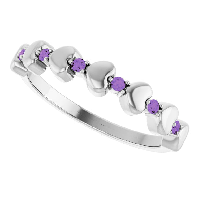 Platinum Round Natural Amethyst Accented Stackable Heart Ring - view 10