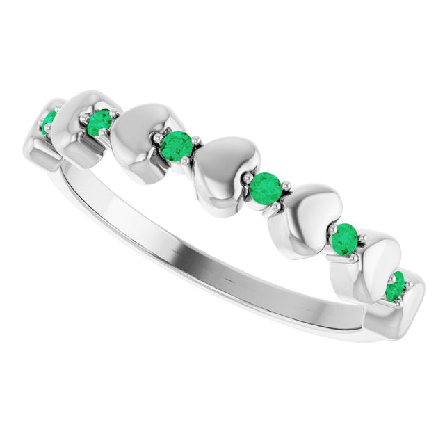 Platinum Round Natural Emerald Accented Stackable Heart Ring - view 10