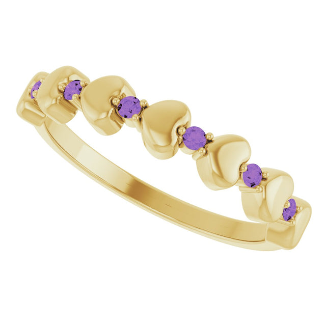 14K Gold Round Natural Amethyst Accented Stackable Heart Ring - Yellow Gold - view 10