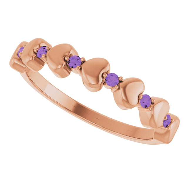 14K Gold Round Natural Amethyst Accented Stackable Heart Ring - Rose Gold - view 10