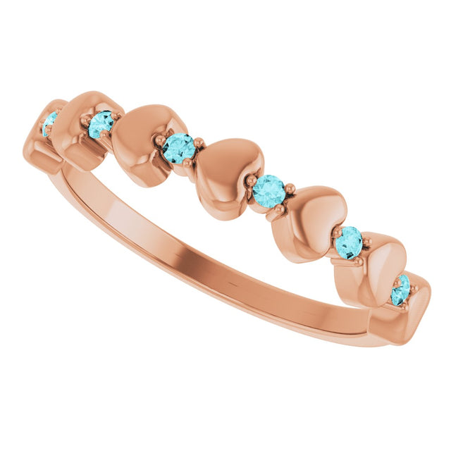14K Gold Round Natural Blue Zircon Accented Stackable Heart Ring - Rose Gold - view 10