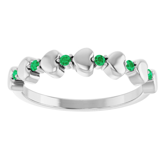 Platinum Round Natural Emerald Accented Stackable Heart Ring - view 8
